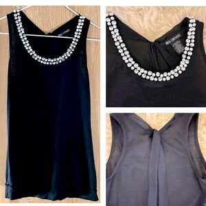 Miss Chievous Black Rhinestone/Pearl Long Back Ties Sleeveless Blouse
